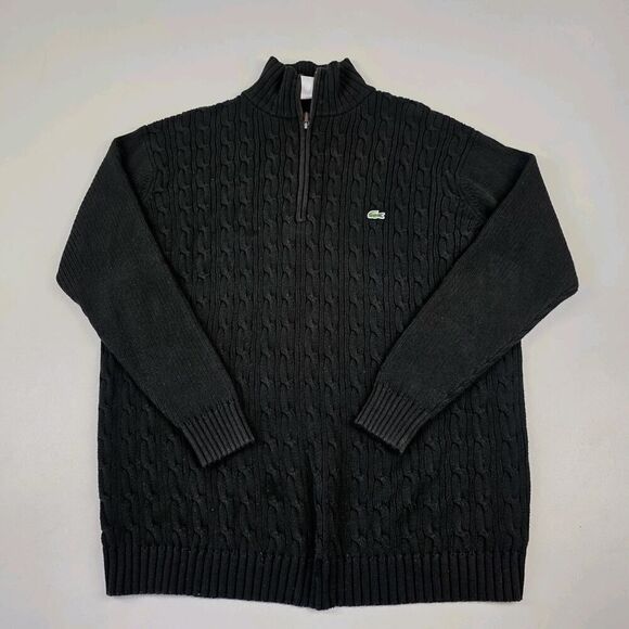 Lacoste Sweater Cable Knit Black Quarter Zip Mens Size 8 3XL Pullover - Picture 1 of 12